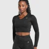 Online Gymshark Adapt Camo Long Sleeve Crop Top Black/AsphaltGrey