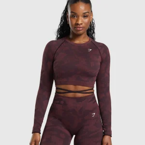 New Gymshark Adapt Camo Seamless Long Sleeve Crop Top PlumBrown/BurgundyBrown