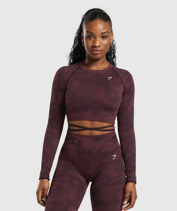 New Gymshark Adapt Camo Seamless Long Sleeve Crop Top PlumBrown/BurgundyBrown