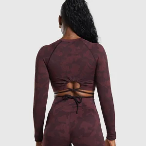 New Gymshark Adapt Camo Seamless Long Sleeve Crop Top PlumBrown/BurgundyBrown