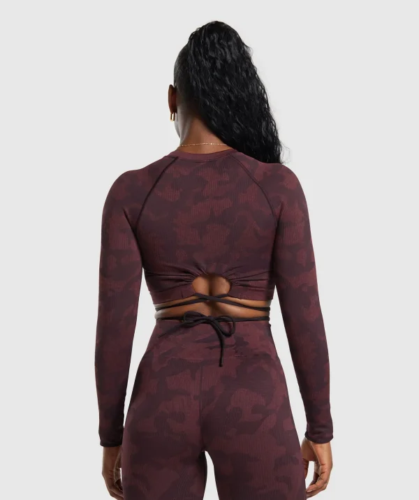 New Gymshark Adapt Camo Seamless Long Sleeve Crop Top PlumBrown/BurgundyBrown