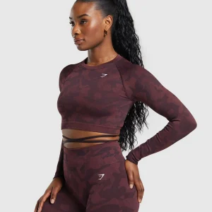 New Gymshark Adapt Camo Seamless Long Sleeve Crop Top PlumBrown/BurgundyBrown