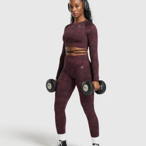 New Gymshark Adapt Camo Seamless Long Sleeve Crop Top PlumBrown/BurgundyBrown