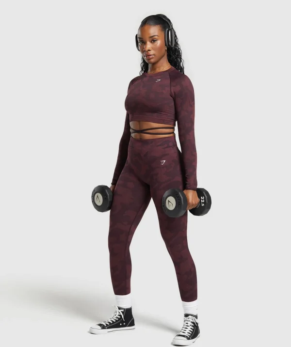 New Gymshark Adapt Camo Seamless Long Sleeve Crop Top PlumBrown/BurgundyBrown