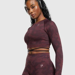 New Gymshark Adapt Camo Seamless Long Sleeve Crop Top PlumBrown/BurgundyBrown