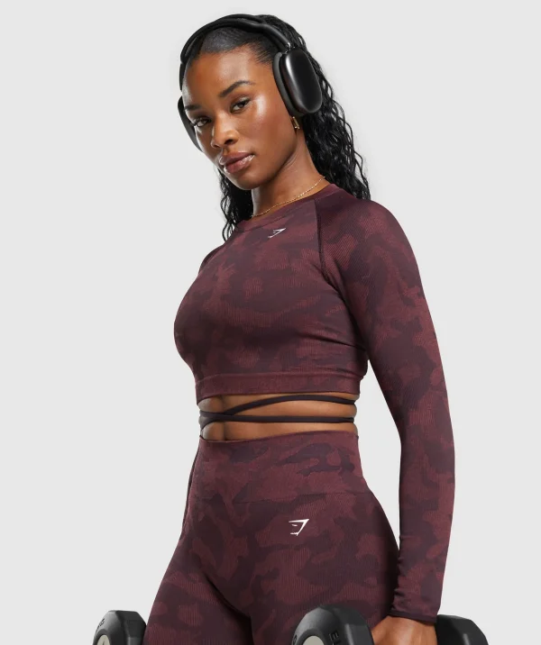 New Gymshark Adapt Camo Seamless Long Sleeve Crop Top PlumBrown/BurgundyBrown