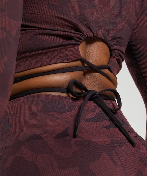 New Gymshark Adapt Camo Seamless Long Sleeve Crop Top PlumBrown/BurgundyBrown