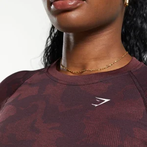 New Gymshark Adapt Camo Seamless Long Sleeve Crop Top PlumBrown/BurgundyBrown