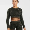 Hot Gymshark Adapt Camo Seamless Ribbed Long Sleeve Crop Top Black/CamoBrown