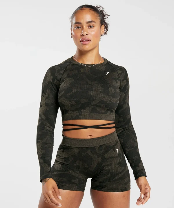 Hot Gymshark Adapt Camo Seamless Ribbed Long Sleeve Crop Top Black/CamoBrown