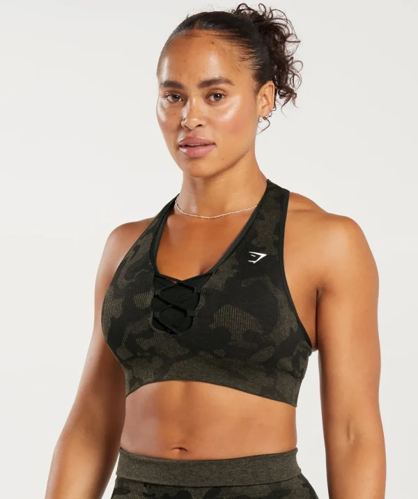 New Gymshark Adapt Camo Seamless Ribbed Sports Bra Black/CamoBrown