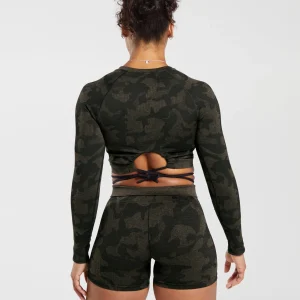 Hot Gymshark Adapt Camo Seamless Ribbed Long Sleeve Crop Top Black/CamoBrown