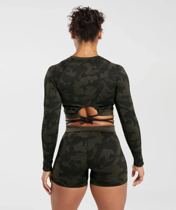 Hot Gymshark Adapt Camo Seamless Ribbed Long Sleeve Crop Top Black/CamoBrown