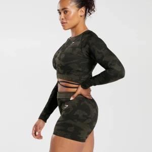 Hot Gymshark Adapt Camo Seamless Ribbed Long Sleeve Crop Top Black/CamoBrown