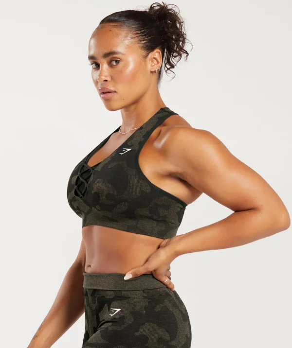 New Gymshark Adapt Camo Seamless Ribbed Sports Bra Black/CamoBrown