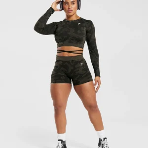 Hot Gymshark Adapt Camo Seamless Ribbed Long Sleeve Crop Top Black/CamoBrown