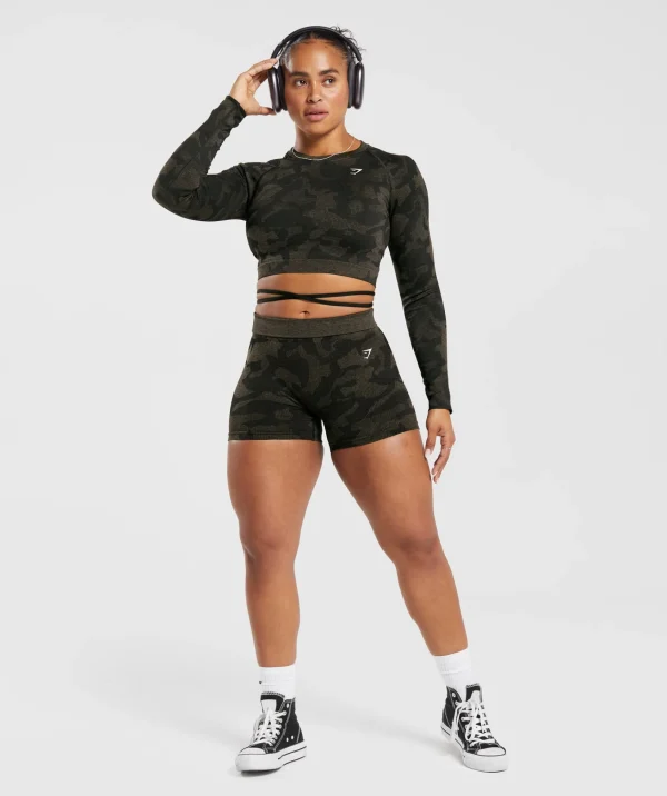 Hot Gymshark Adapt Camo Seamless Ribbed Long Sleeve Crop Top Black/CamoBrown