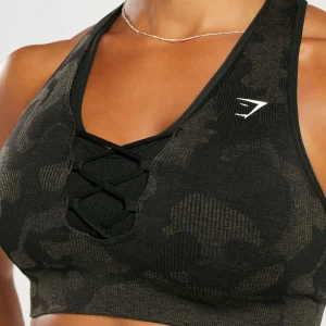 New Gymshark Adapt Camo Seamless Ribbed Sports Bra Black/CamoBrown