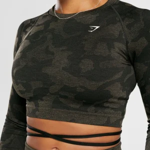 Hot Gymshark Adapt Camo Seamless Ribbed Long Sleeve Crop Top Black/CamoBrown