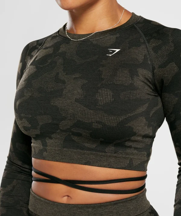 Hot Gymshark Adapt Camo Seamless Ribbed Long Sleeve Crop Top Black/CamoBrown