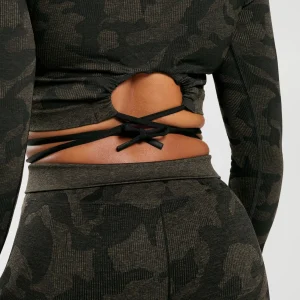 Hot Gymshark Adapt Camo Seamless Ribbed Long Sleeve Crop Top Black/CamoBrown