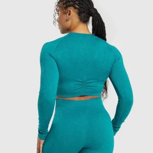 Discount Gymshark Adapt Fleck Seamless Long Sleeve Crop Top OceanTeal/ArtificialTeal