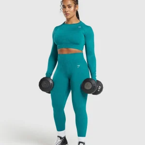 Discount Gymshark Adapt Fleck Seamless Long Sleeve Crop Top OceanTeal/ArtificialTeal