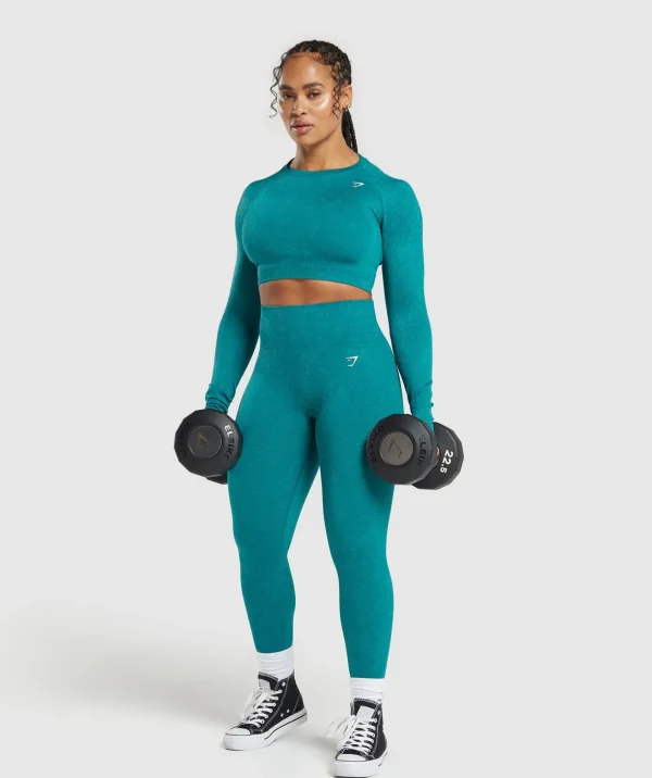 Discount Gymshark Adapt Fleck Seamless Long Sleeve Crop Top OceanTeal/ArtificialTeal