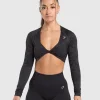 Discount Gymshark Adapt Safari Long Sleeve Crop Top Black/AsphaltGrey