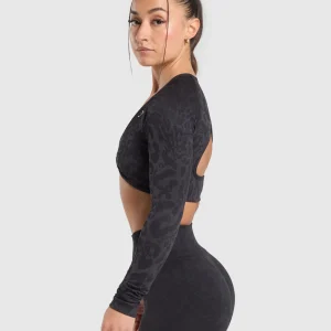 Discount Gymshark Adapt Safari Long Sleeve Crop Top Black/AsphaltGrey