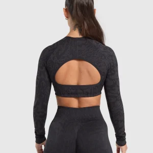 Discount Gymshark Adapt Safari Long Sleeve Crop Top Black/AsphaltGrey