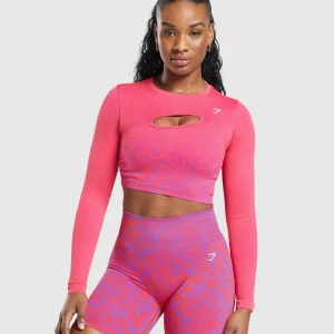 Outlet Gymshark Adapt Safari Seamless Faded Long Sleeve Top ShellyPink/FlyCoral