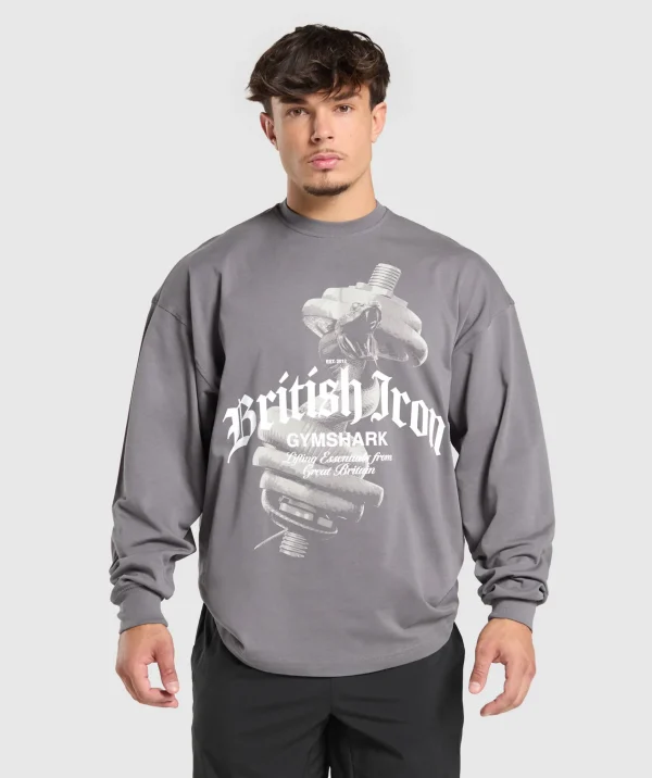 Fashion Gymshark British Iron Long Sleeve T-Shirt BrushedGrey