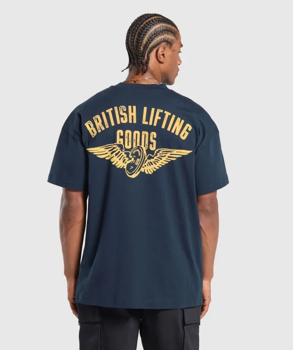 New Gymshark British Lifting Goods Graphic T-Shirt Navy