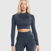 Sale Gymshark Caged Seamless Long Sleeve Crop Top HeavyBlue/IronBlue