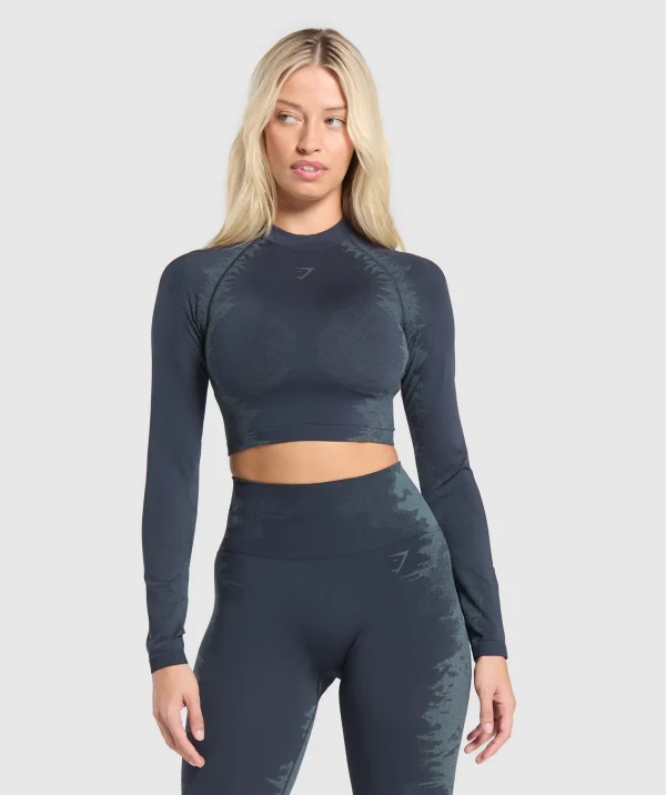 Sale Gymshark Caged Seamless Long Sleeve Crop Top HeavyBlue/IronBlue