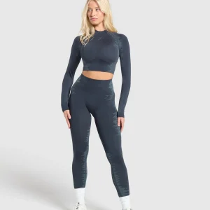 Sale Gymshark Caged Seamless Long Sleeve Crop Top HeavyBlue/IronBlue