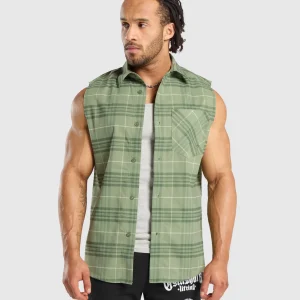 Discount Gymshark Check Sleeveless Shirt NaturalSageGreen