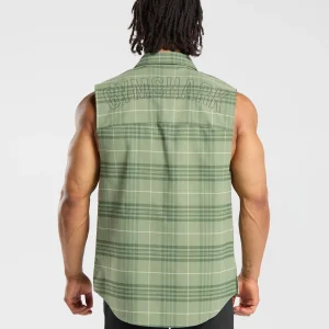 Discount Gymshark Check Sleeveless Shirt NaturalSageGreen