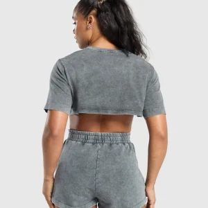 Online Gymshark Collegiate Shadow Washed Crop Top AsphaltGrey