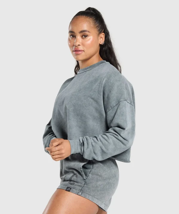 New Gymshark Collegiate Shadow Washed Midi Sweatshirt AsphaltGrey