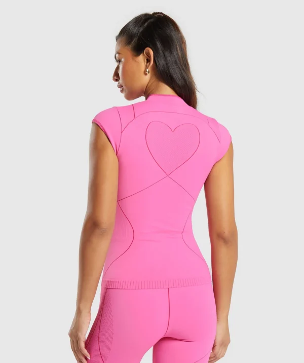 New Gymshark Contour Heart Seamless Short Sleeve Top FetchPink/PunkPink