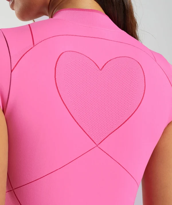 New Gymshark Contour Heart Seamless Short Sleeve Top FetchPink/PunkPink