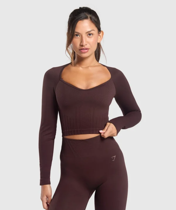 Clearance Gymshark Corset Seamless Long Sleeve Top HeritageBrown