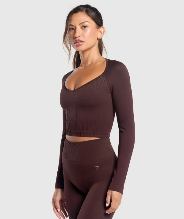 Clearance Gymshark Corset Seamless Long Sleeve Top HeritageBrown