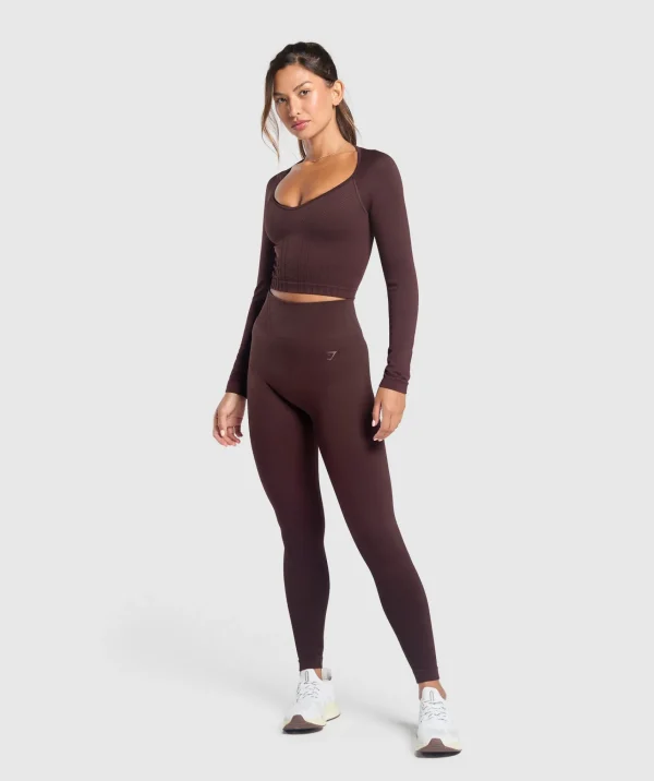 Clearance Gymshark Corset Seamless Long Sleeve Top HeritageBrown