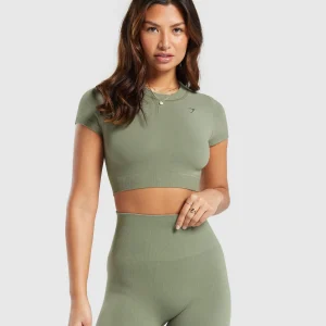 Fashion Gymshark Cotton Seamless Crop Top BaseGreen