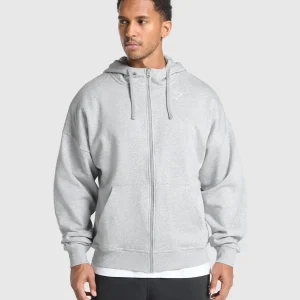 Outlet Gymshark Crest Oversized Zip Up Hoodie LightGreyCoreMarl