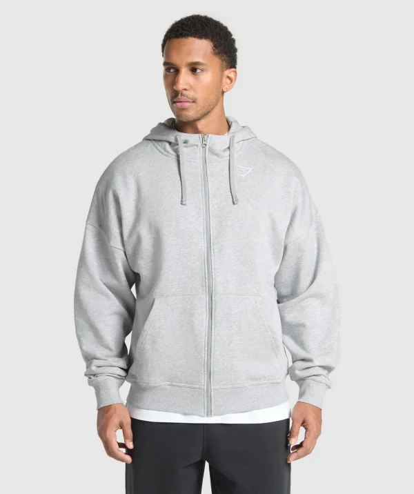 Outlet Gymshark Crest Oversized Zip Up Hoodie LightGreyCoreMarl