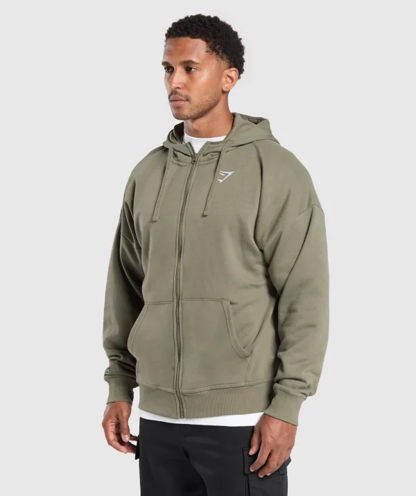 Discount Gymshark Crest Oversized Zip Up Hoodie BaseGreen